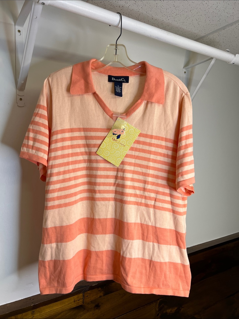 NWT Denim&Co Peach Collared Striped Short Sleeve Sweater- 1X
